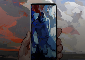 Hand holding phone with abstract blue figure on screen