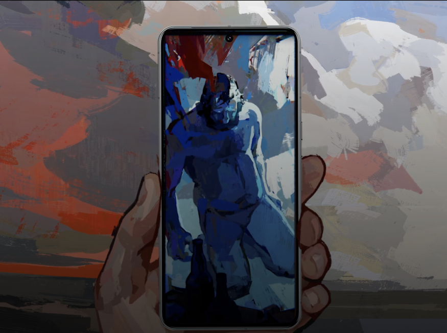 Hand holding phone with abstract blue figure on screen
