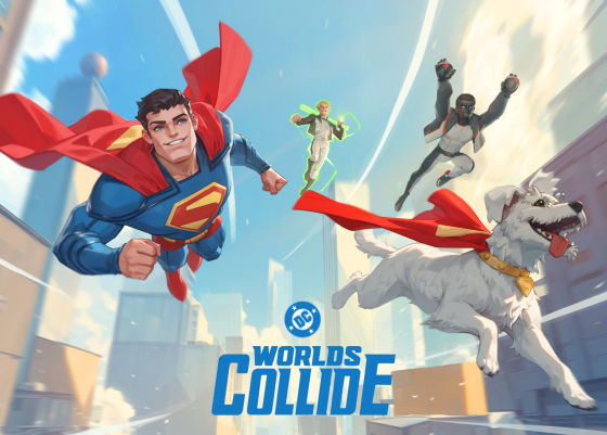 Superman, Krypto, and heroes fly through a futuristic city
