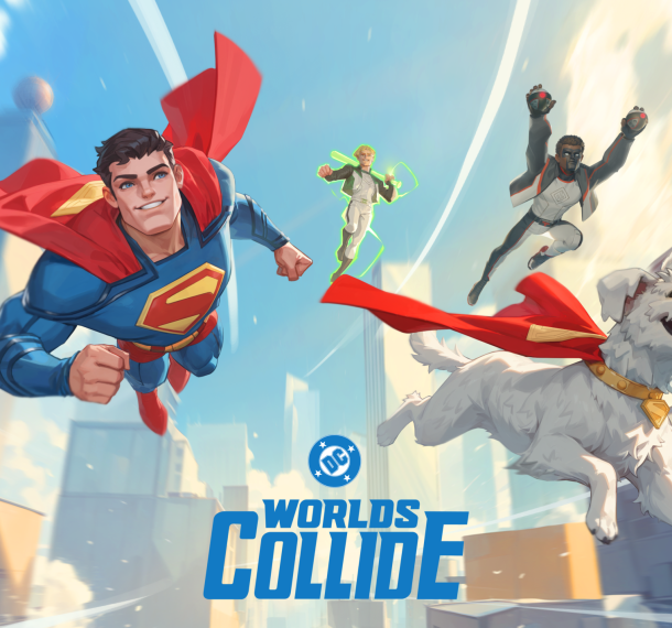 Superman, Krypto, and heroes fly through a futuristic city