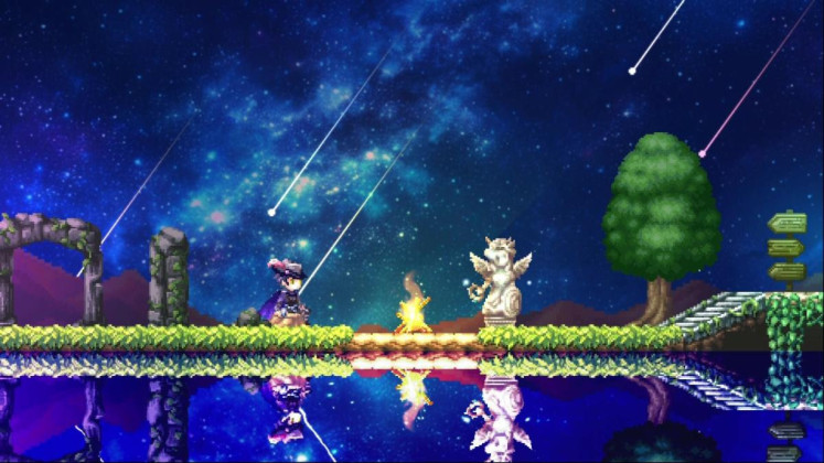 Pixel art fantasy scene in Action Game Maker with character, statue, and night sky