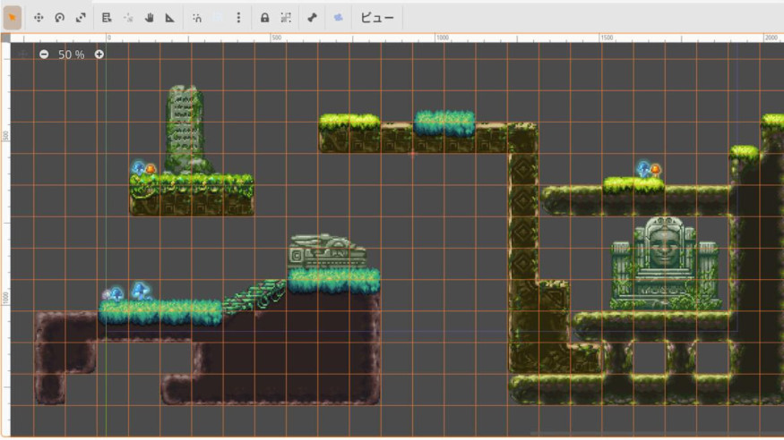 Level editor grid in Action Game Maker showing pixel tiles and terrain layout